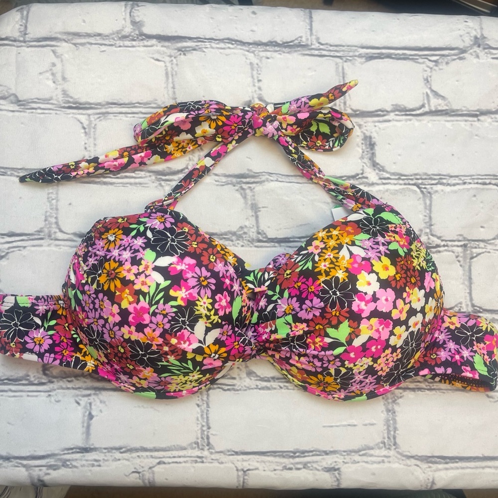 California Waves Black Multi Floral Halter Bikini Top
